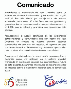 Fedeciclismo confirma cancelación del Tour Colombia 2025